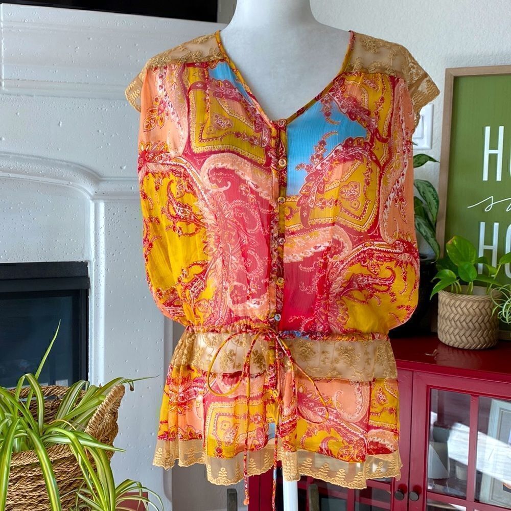 Just Pearls Sheer Cover Colorful Button Down Drawstring XL Artsy Fun Vibrant
